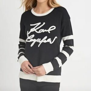Karl Lagerfeld Signature Logo Striped Pullover Long Sleeve Cotton Sweater Sz L